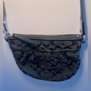Coach small black monogrammed crossbody with black patent accents.  EUC.